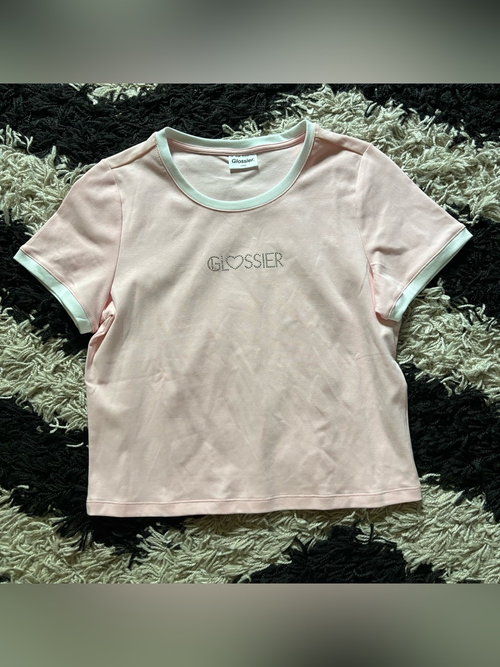 Glossier Light Pink White Silver Bedazzled Short Sleeve Baby Tee Women’s Large